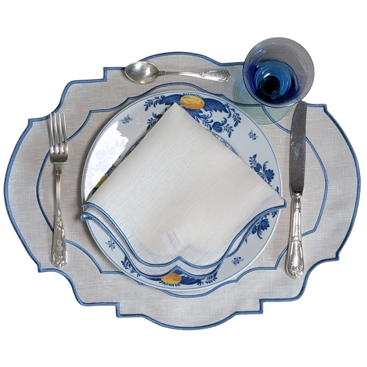 BARBADOS - Blue and White Double Piping Linen Placemat and Napkin Set