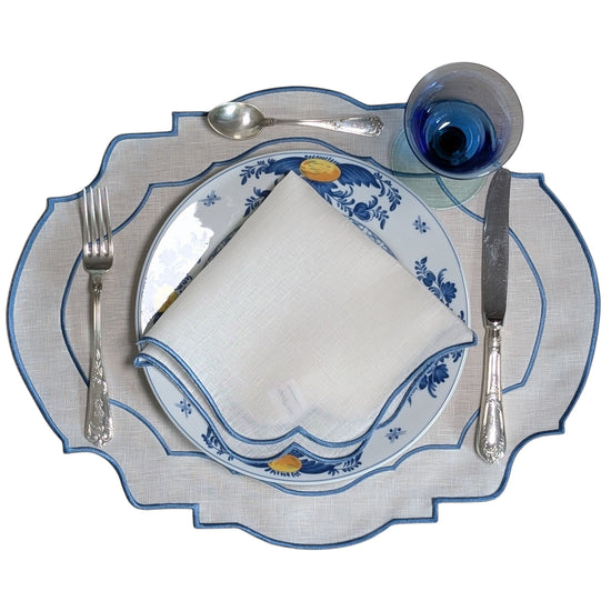 BARBADOS - Blue and White Double Piping Linen Placemat and Napkin Set
