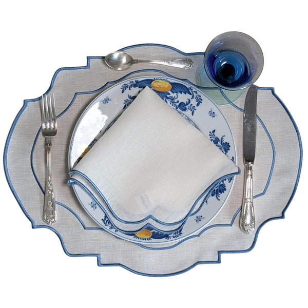 BARBADOS - Blue and White Double Piping Linen Placemat and Napkin Set