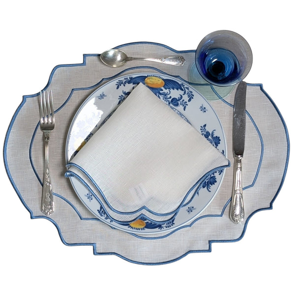 BARBADOS - Blue and White Double Piping Linen Placemat and Napkin Set
