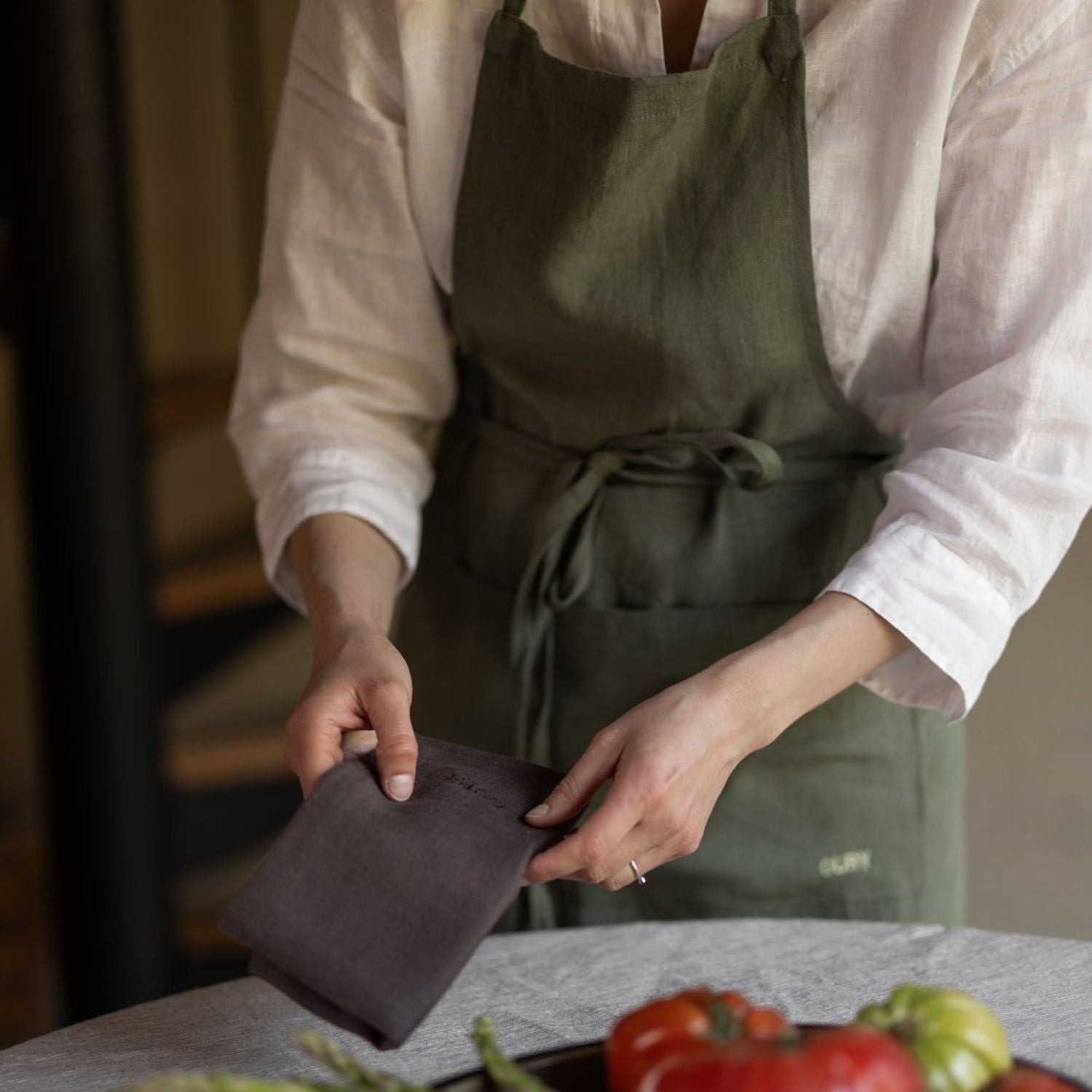 Handcrafted Linen Apron – Green with Embroidery
