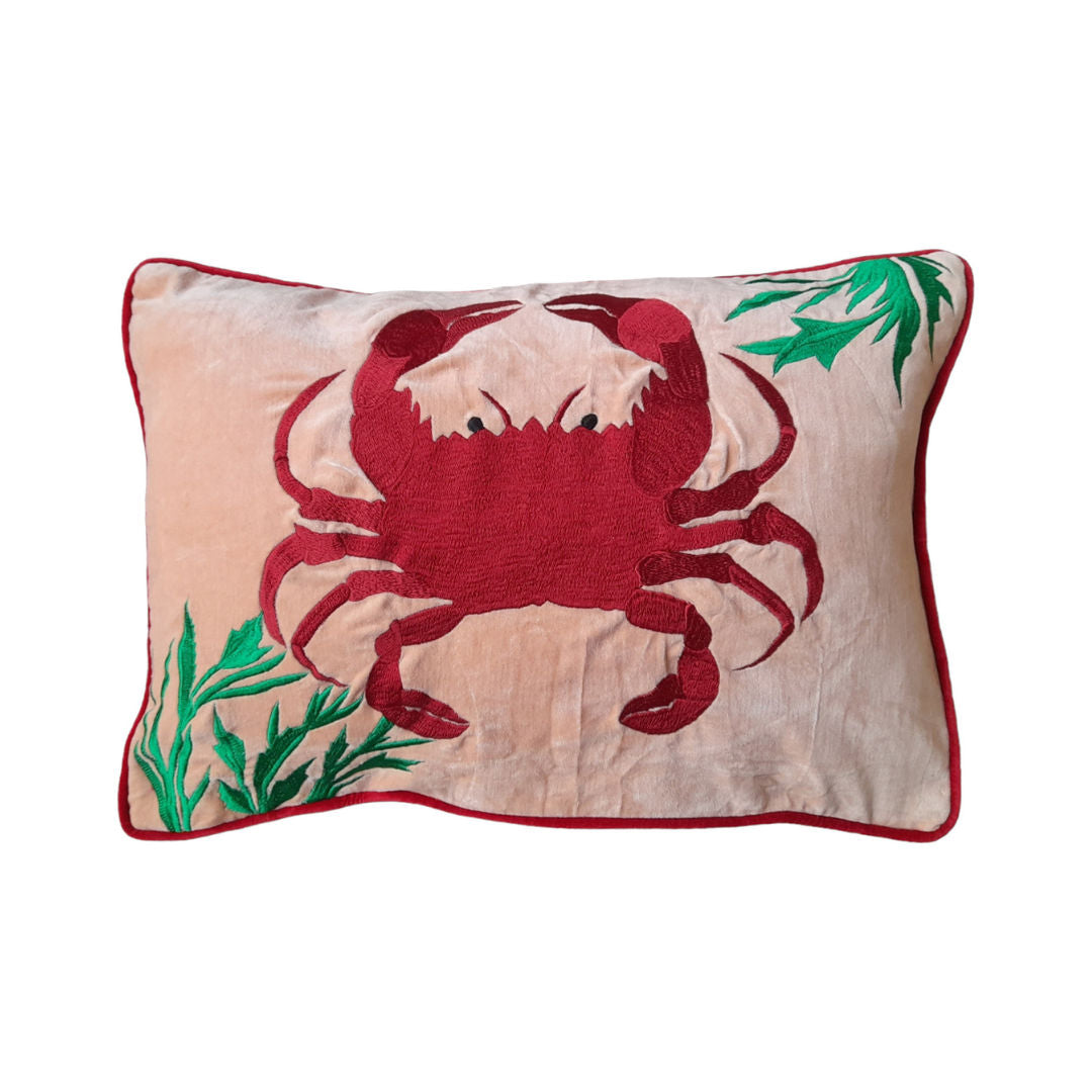 Tropical Hand-Embroidered Cotton Cushion – Crab