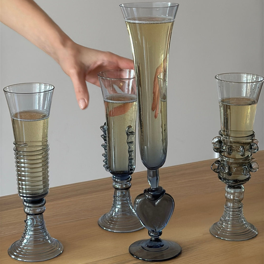 A Pair of Hand Blown Champagne Flutes with Heart