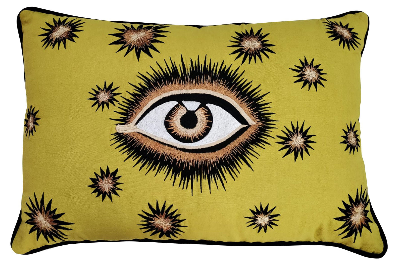 Hand Embroidered Cotton Eyes Cushion Yellow