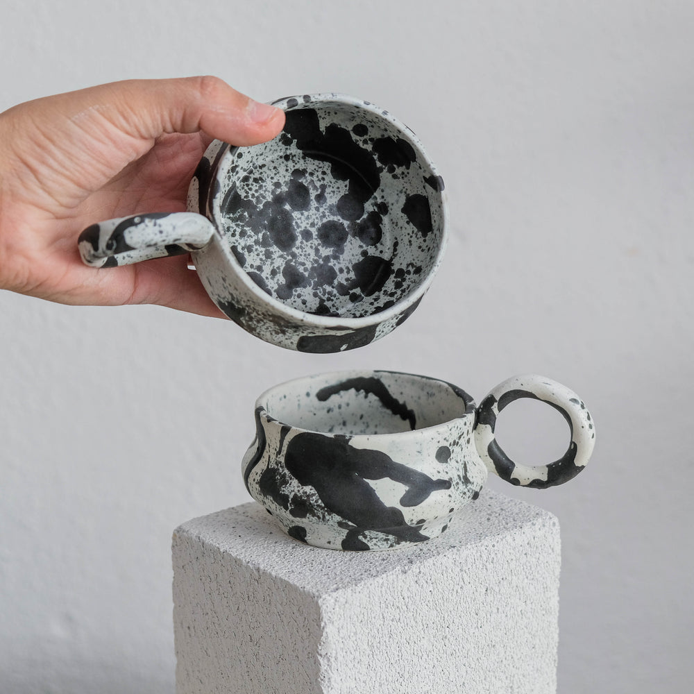 Dalmata M - Porcelain Cappuccino Cup - Brush Strokes Black - Set of 2