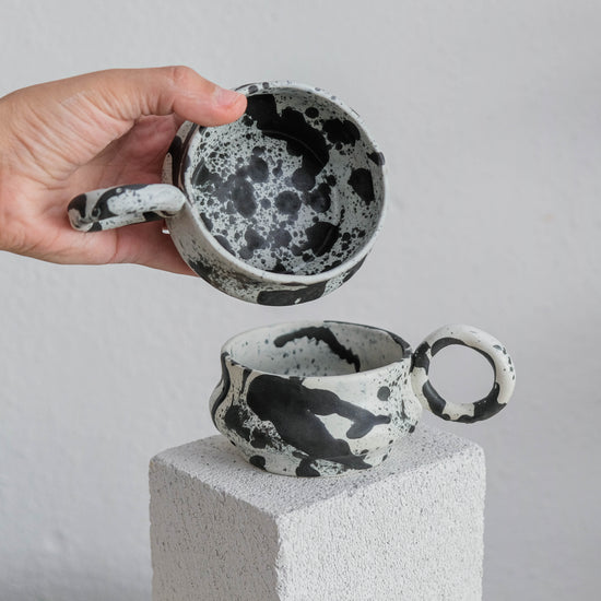 Dalmata M - Porcelain Cappuccino Cup - Brush Strokes Black - Set of 2