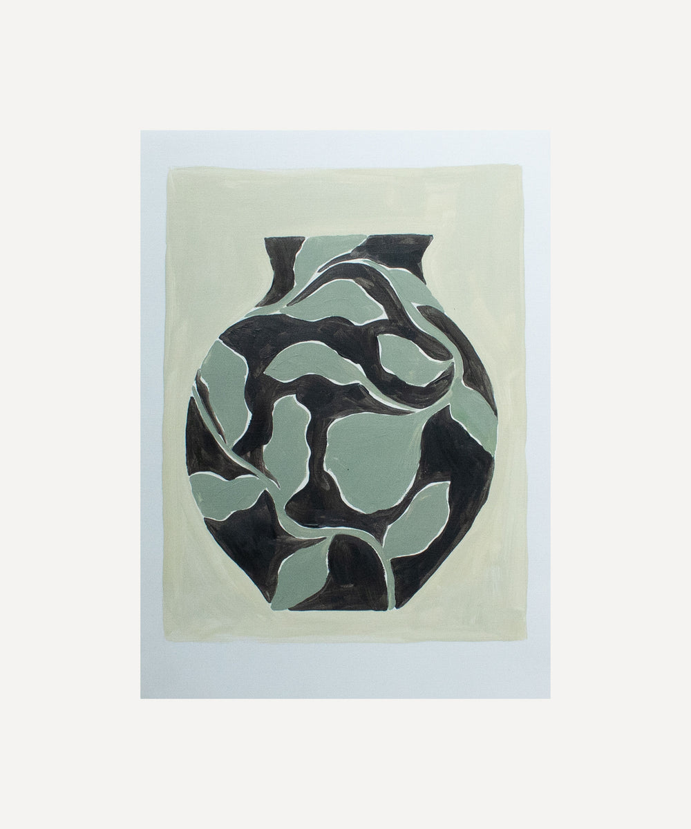 Black and Sage Patterned Vase- Original painting