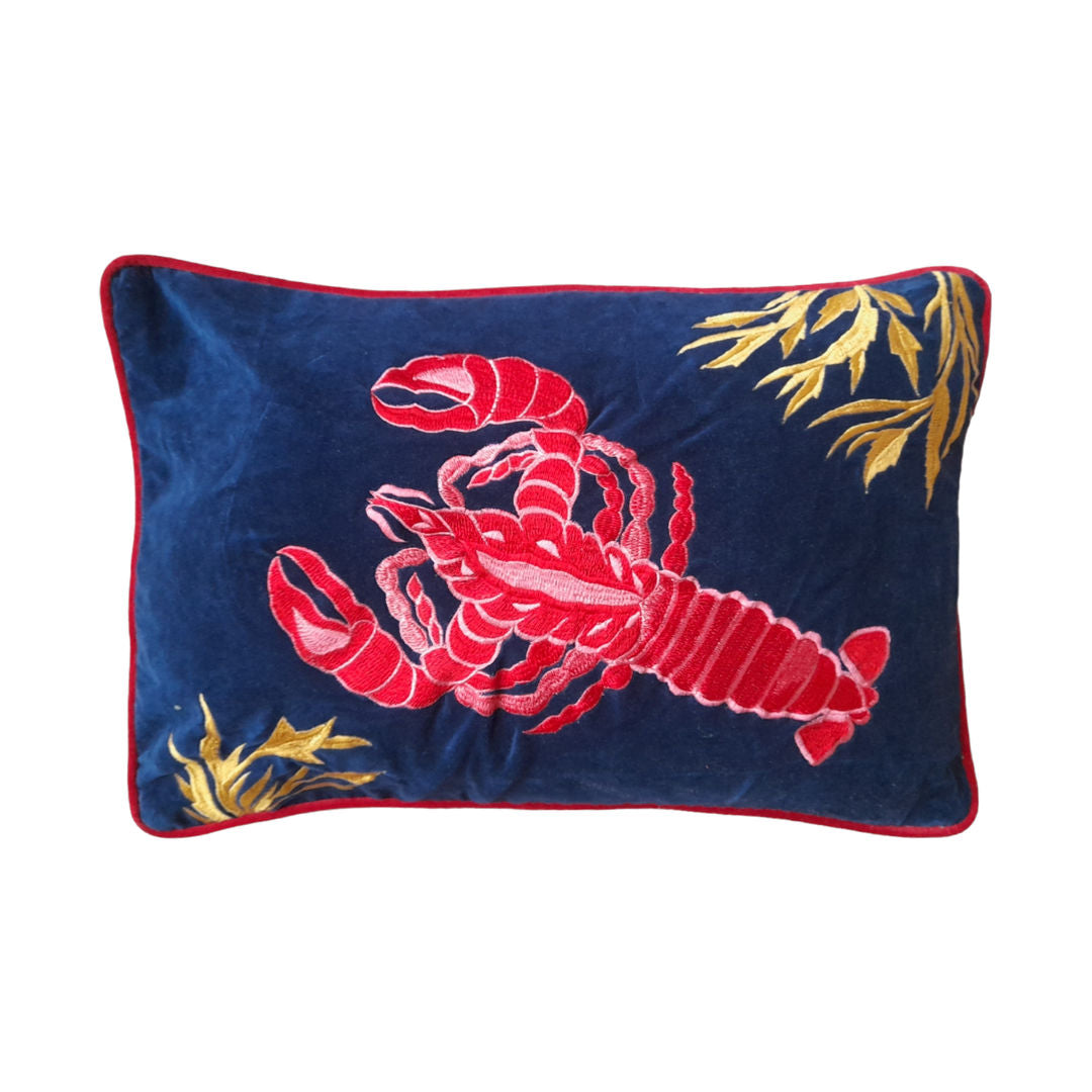 Tropical Hand-Embroidered Cotton Cushion – Lobster