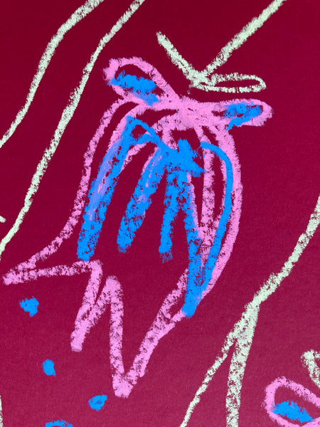 Pink and blue flowers on dark red background  | Original painting 50x70cm