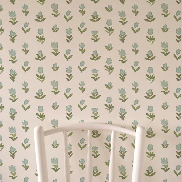 Little Wild Tulips Wallpaper - Misty Green