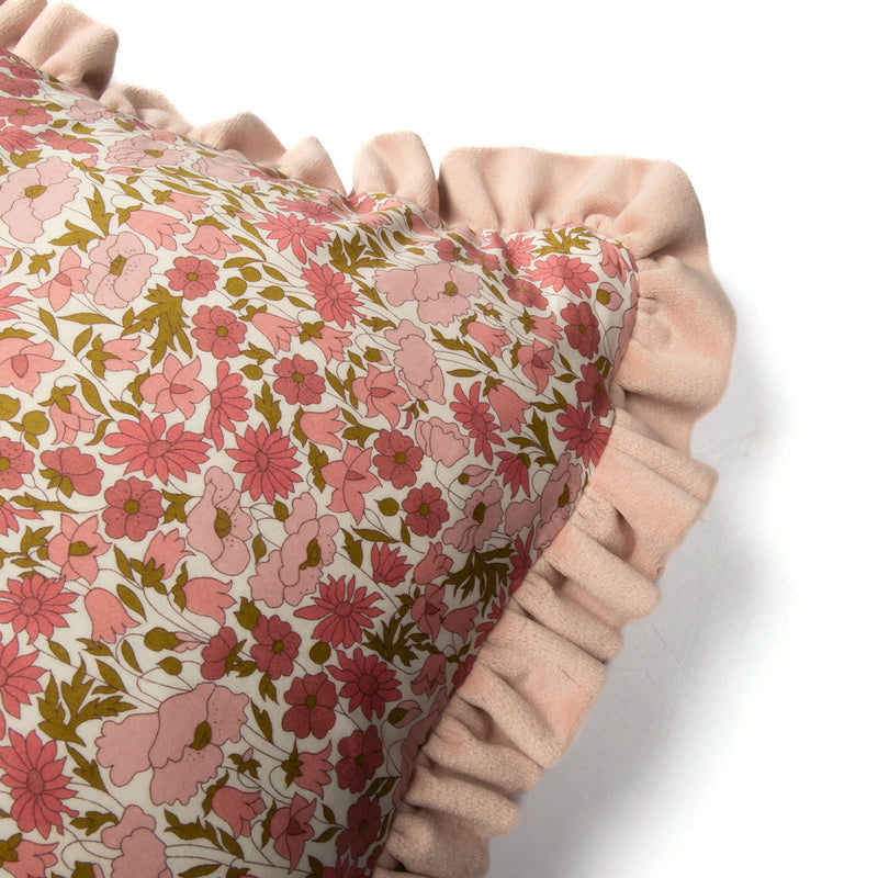 Velvet Ruffle Cushion made with Liberty Fabric 'Poppy and Daisy Pink'