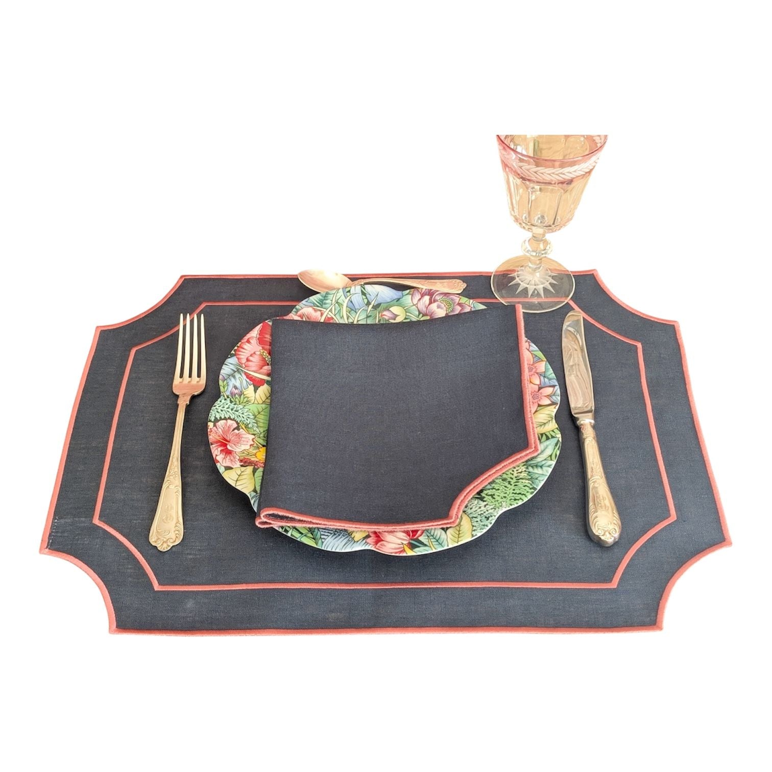 CANNES - Blue and Pink Linen Placemat and Napkin Set