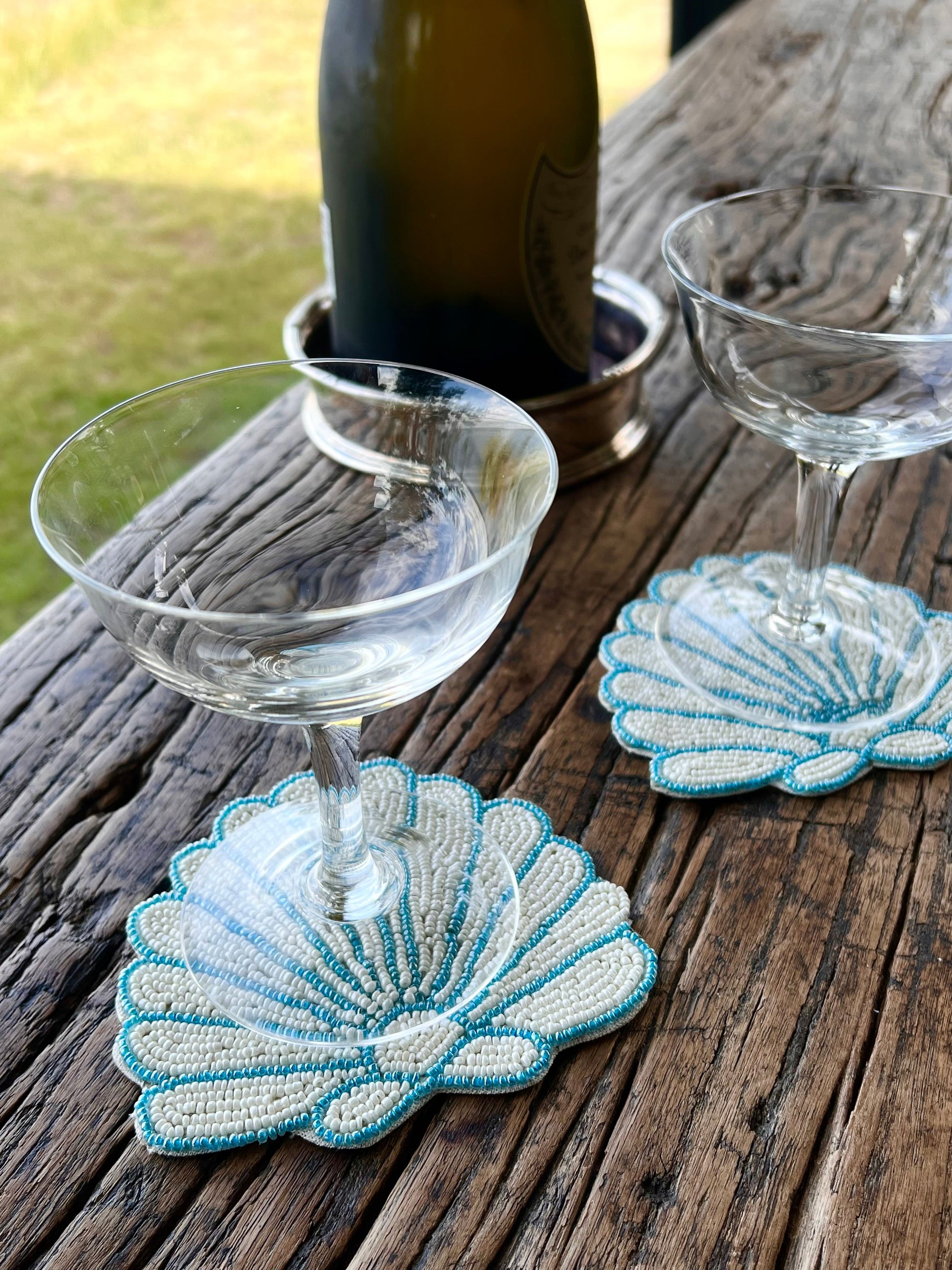Beaded Shell Coasters - Ocean Blue & Ivory (set of 4)