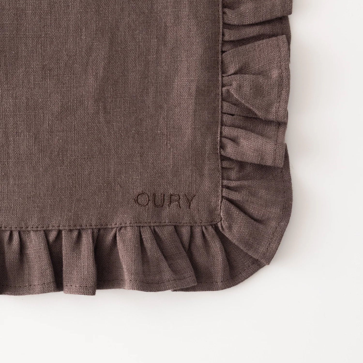 Brown Ruffled Linen Placemats with Embroidery – Set of 2