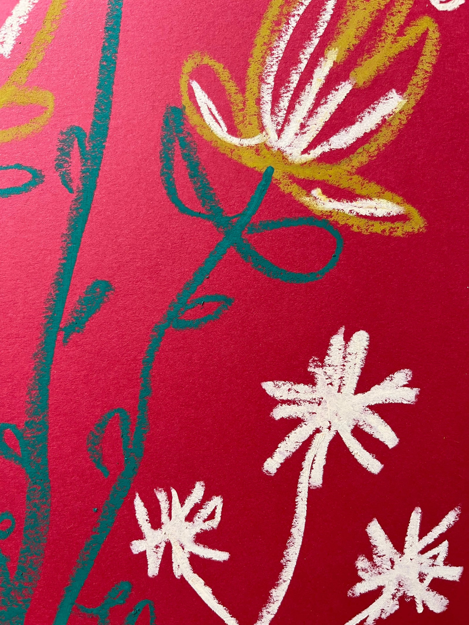 Pink, Yellow Florals on Red Background | Original Painting A3