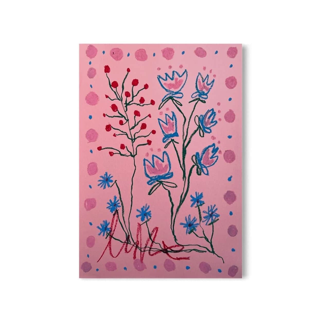Pink & Blue Floral on Pink Background | Original Painting A3