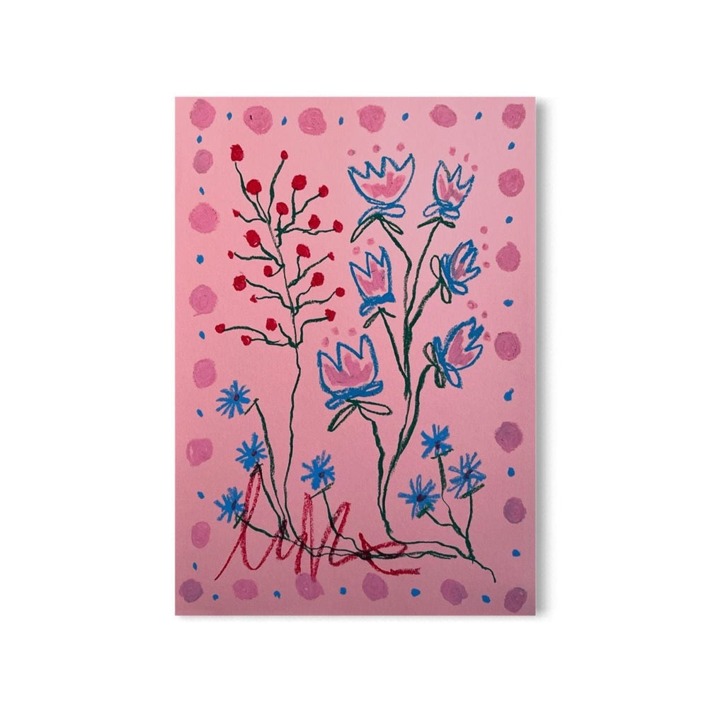 Pink & Blue Floral on Pink Background | Original Painting A3