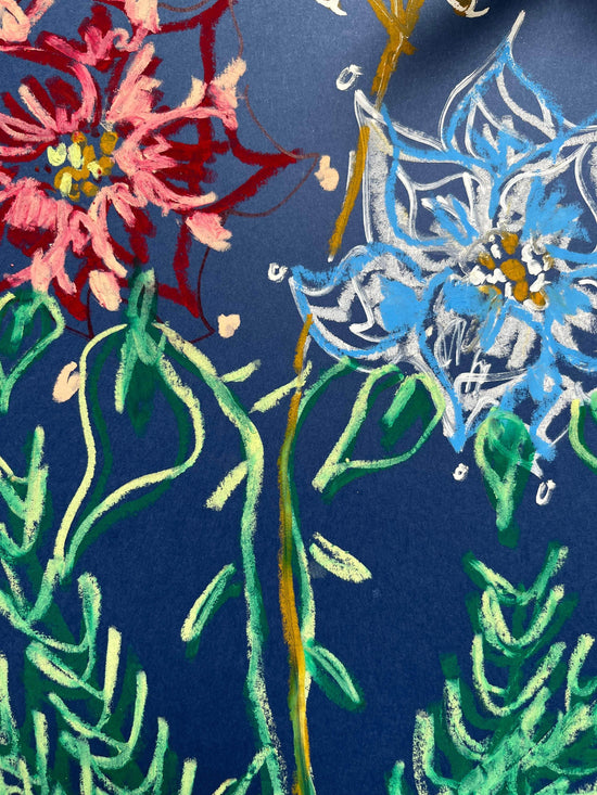 Multi-colored Florals on Midnight Blue Background I Original Painting A3