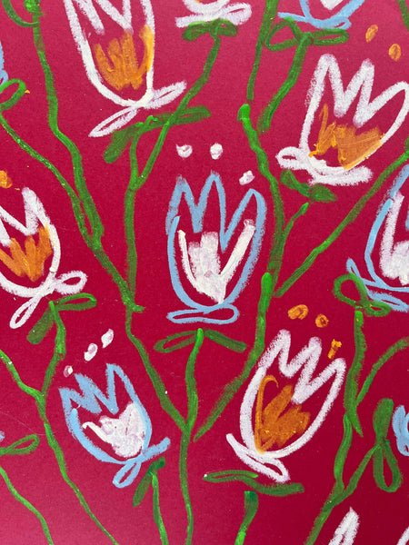 Light Pink and Blue Tulips on Red Background I Original Painting A3