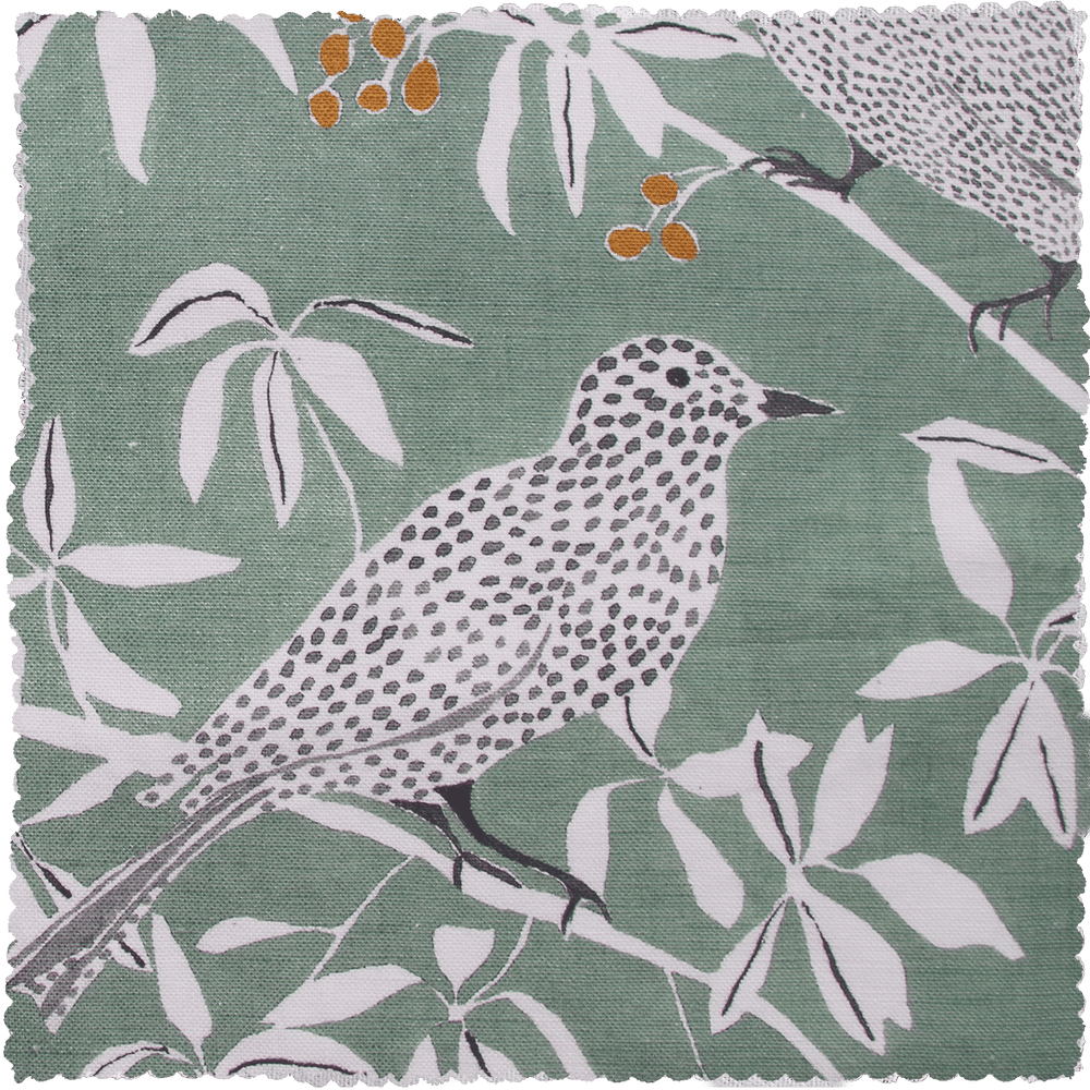Printed Bower Birds Fabric - Green