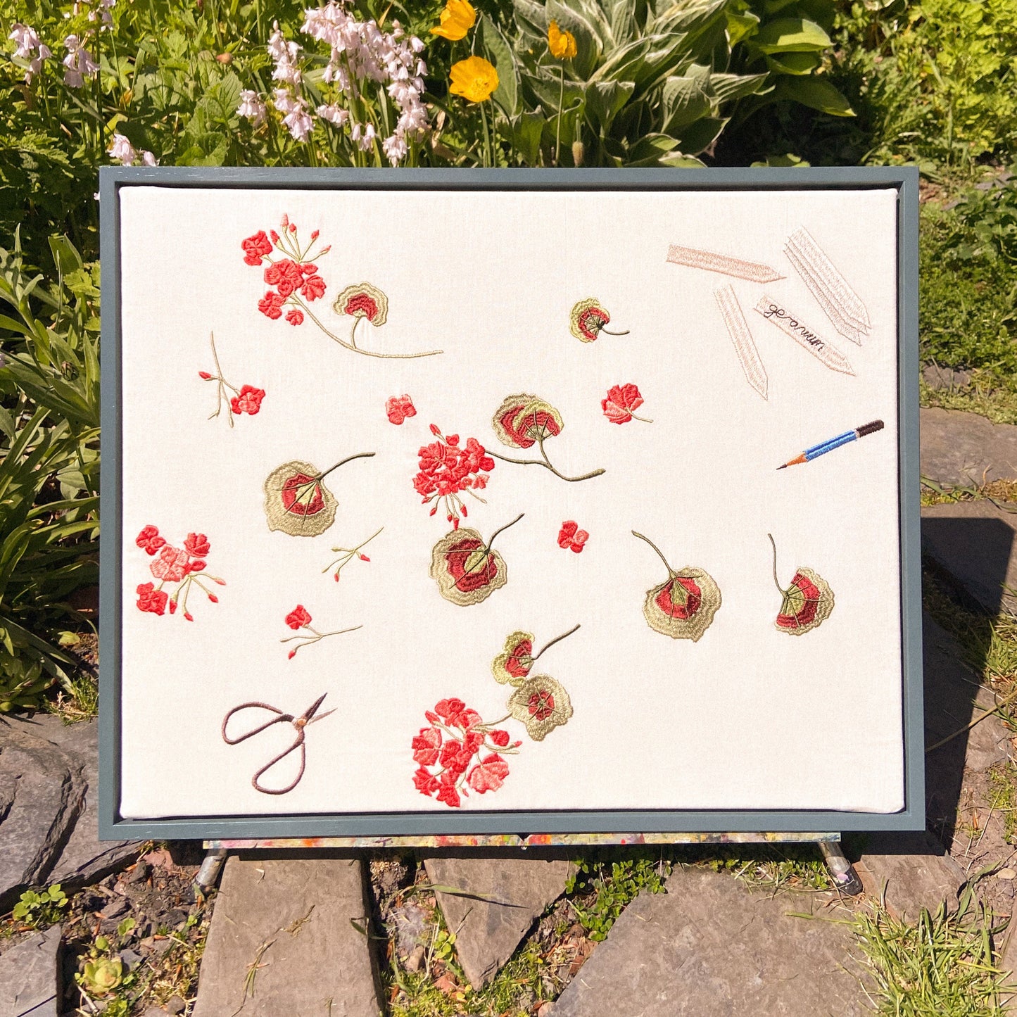 Geranium Cuttings Framed Embroidered Canvas