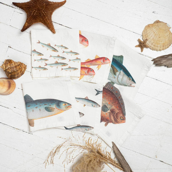 Linen Napkins SEA FISH Set of 6 Off White