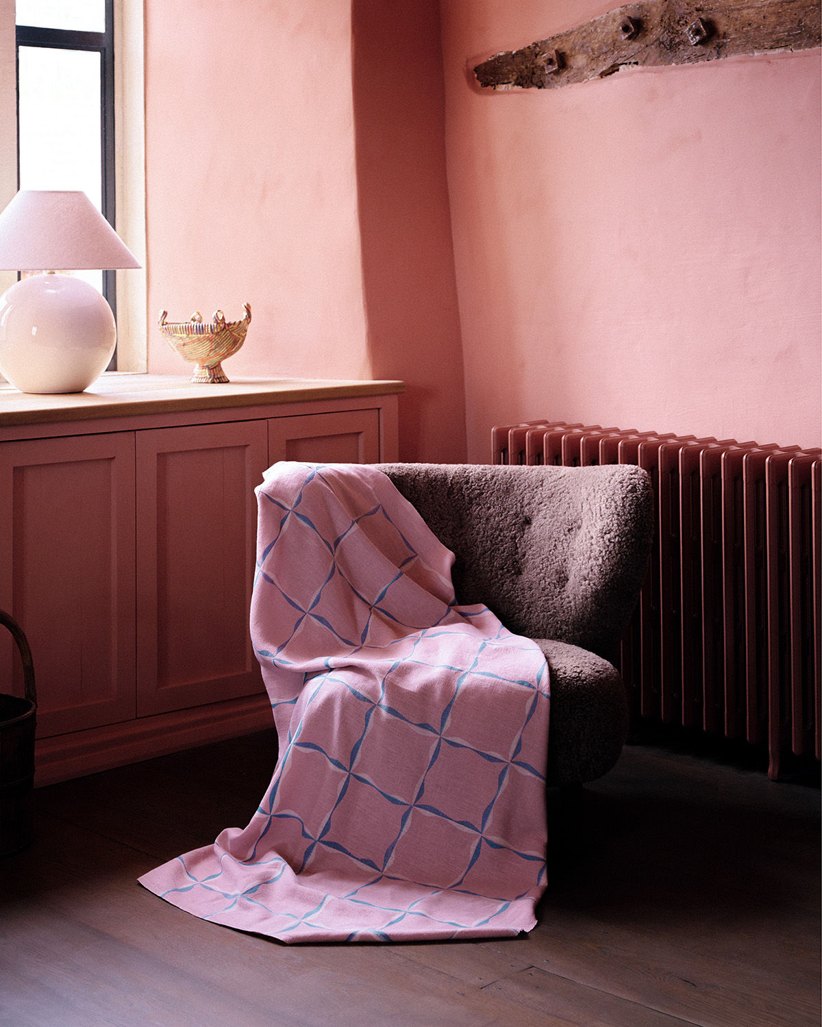 Ribbon Check Fabric (Blue on Dusty Pink)