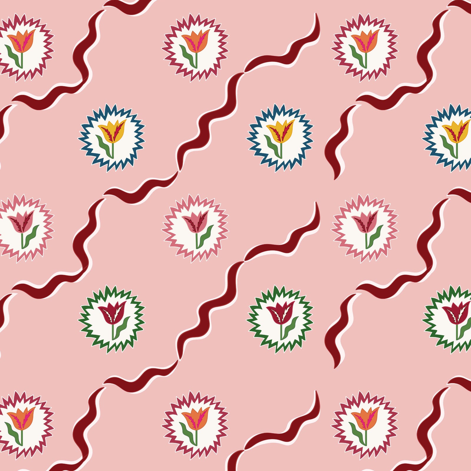 Tulips of Belgravia Wallpaper - Pink and Burgundy