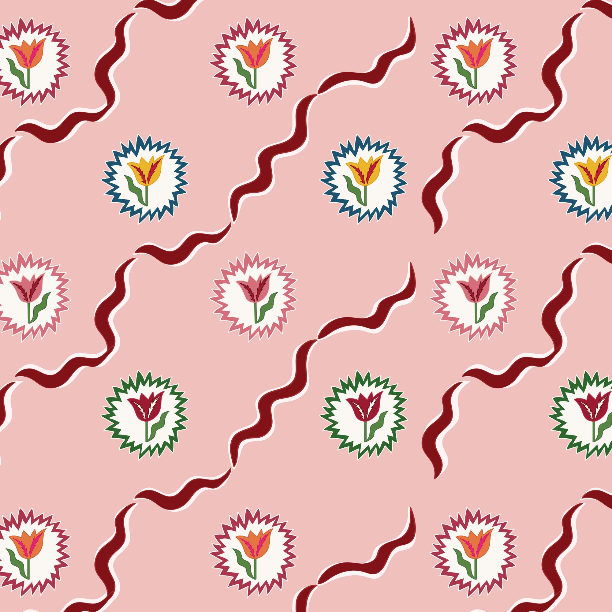 Tulips of Belgravia Wallpaper - Pink and Burgundy