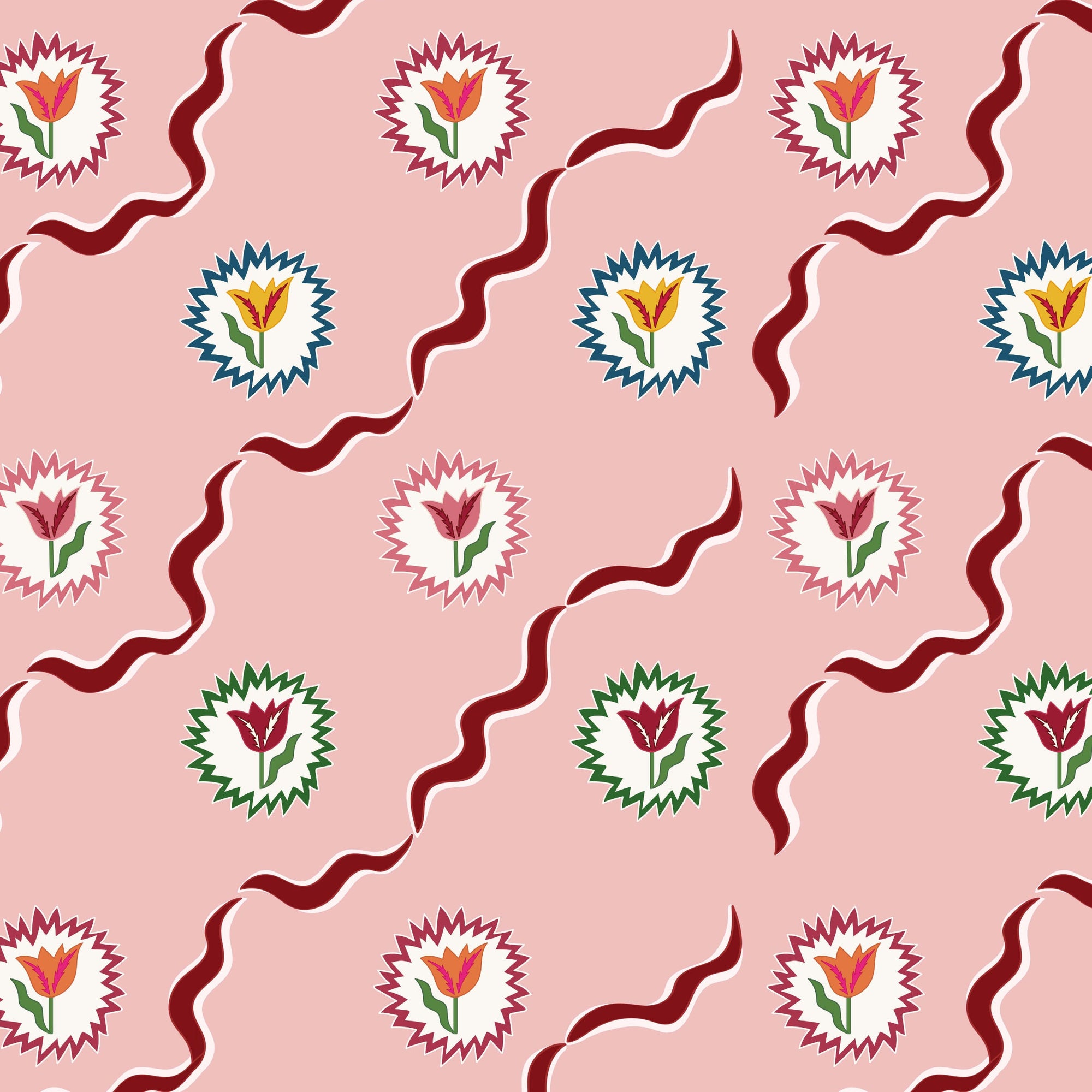 Tulips of Belgravia Wallpaper - Pink and Burgundy