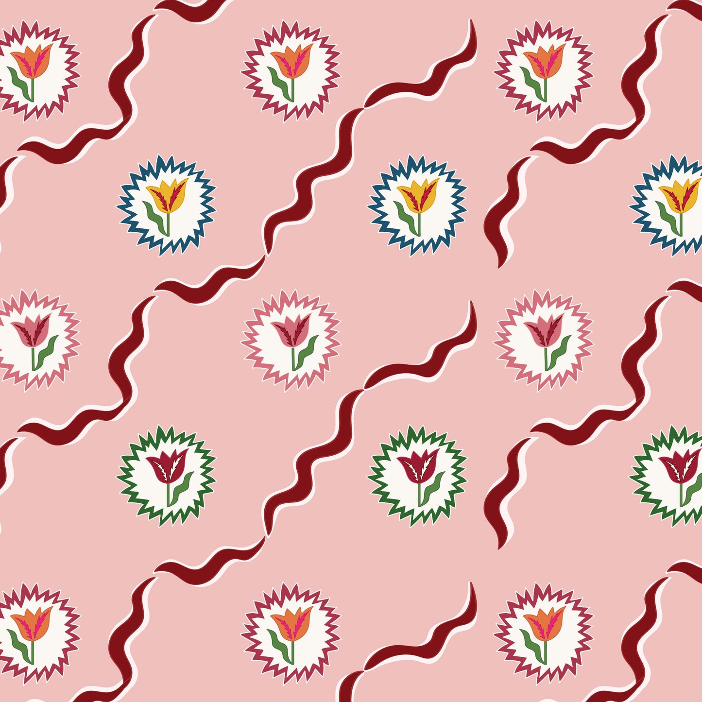 Tulips of Belgravia Wallpaper - Pink and Burgundy