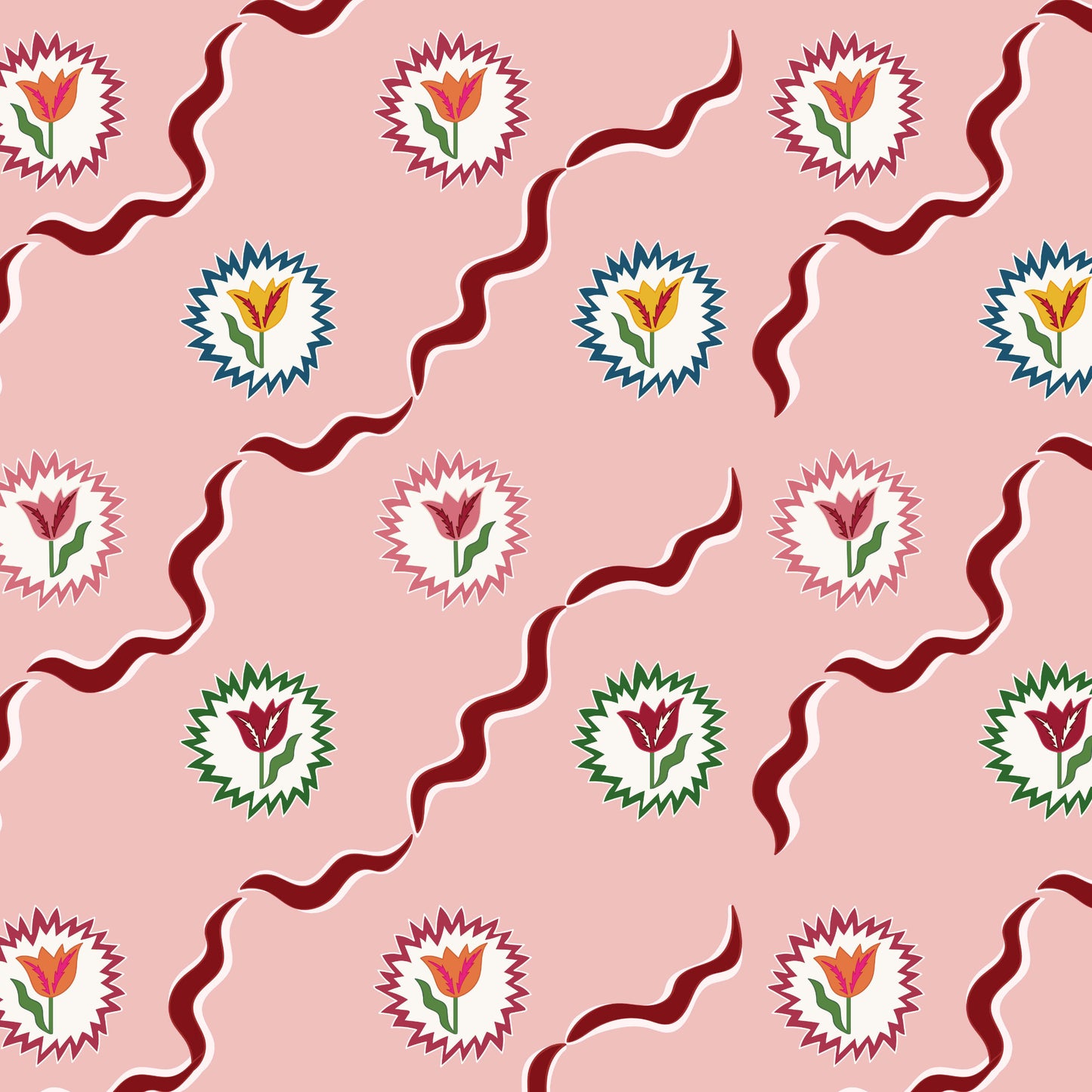 Tulips of Belgravia Wallpaper - Pink and Burgundy