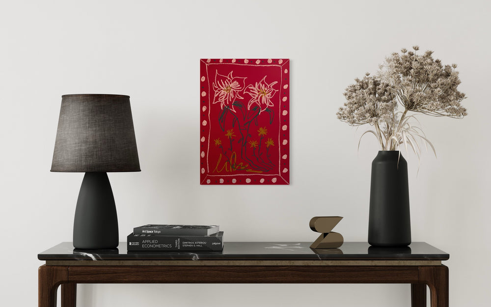 Pink Floral on Red Background | Original Painting A3