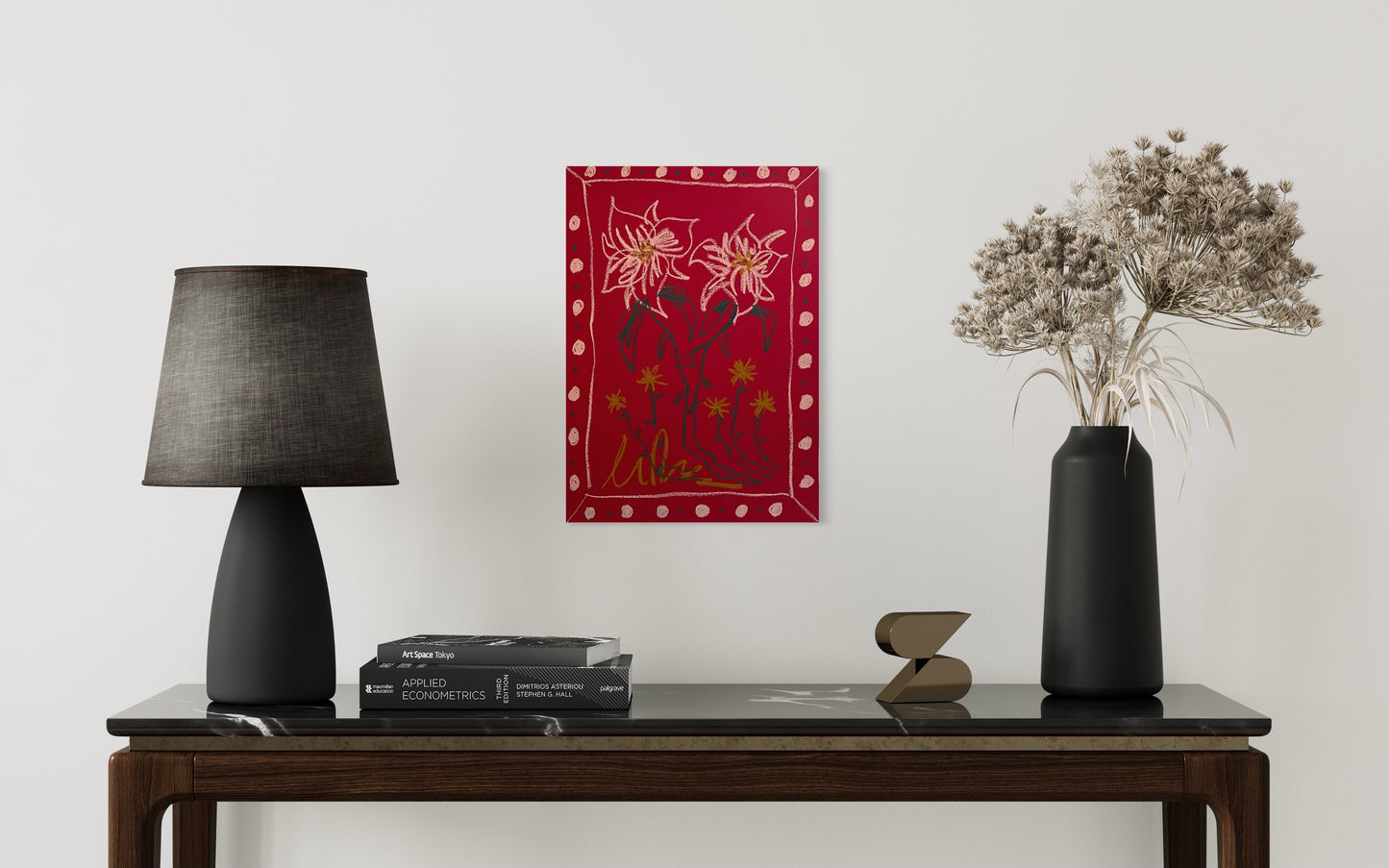 Pink Floral on Red Background | Original Painting A3
