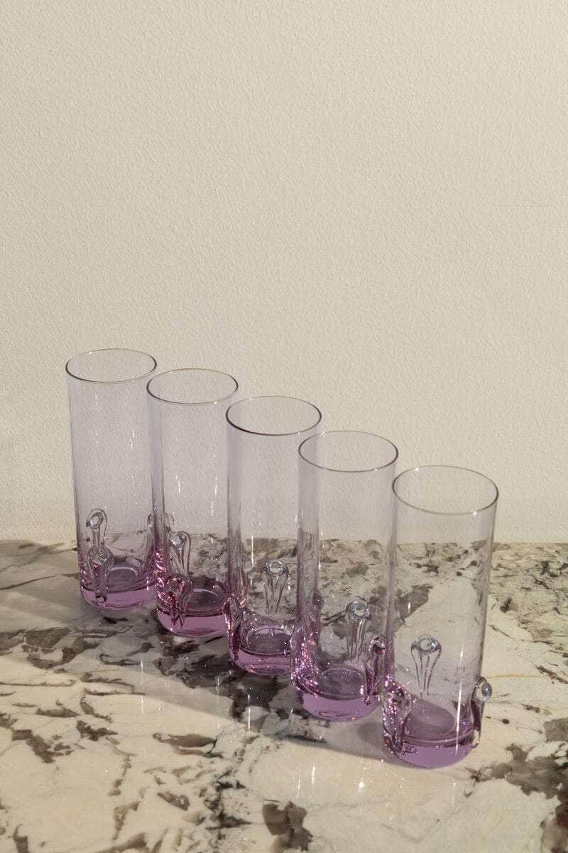 Rare Set of 5 Tall Alexandrite Glasses With Sculptural Pattern