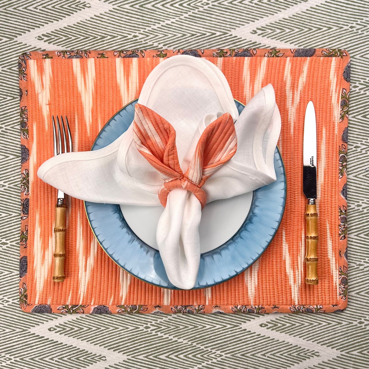 Easter Bunny Ears Napkin Ring - Woven Ikat - Coral