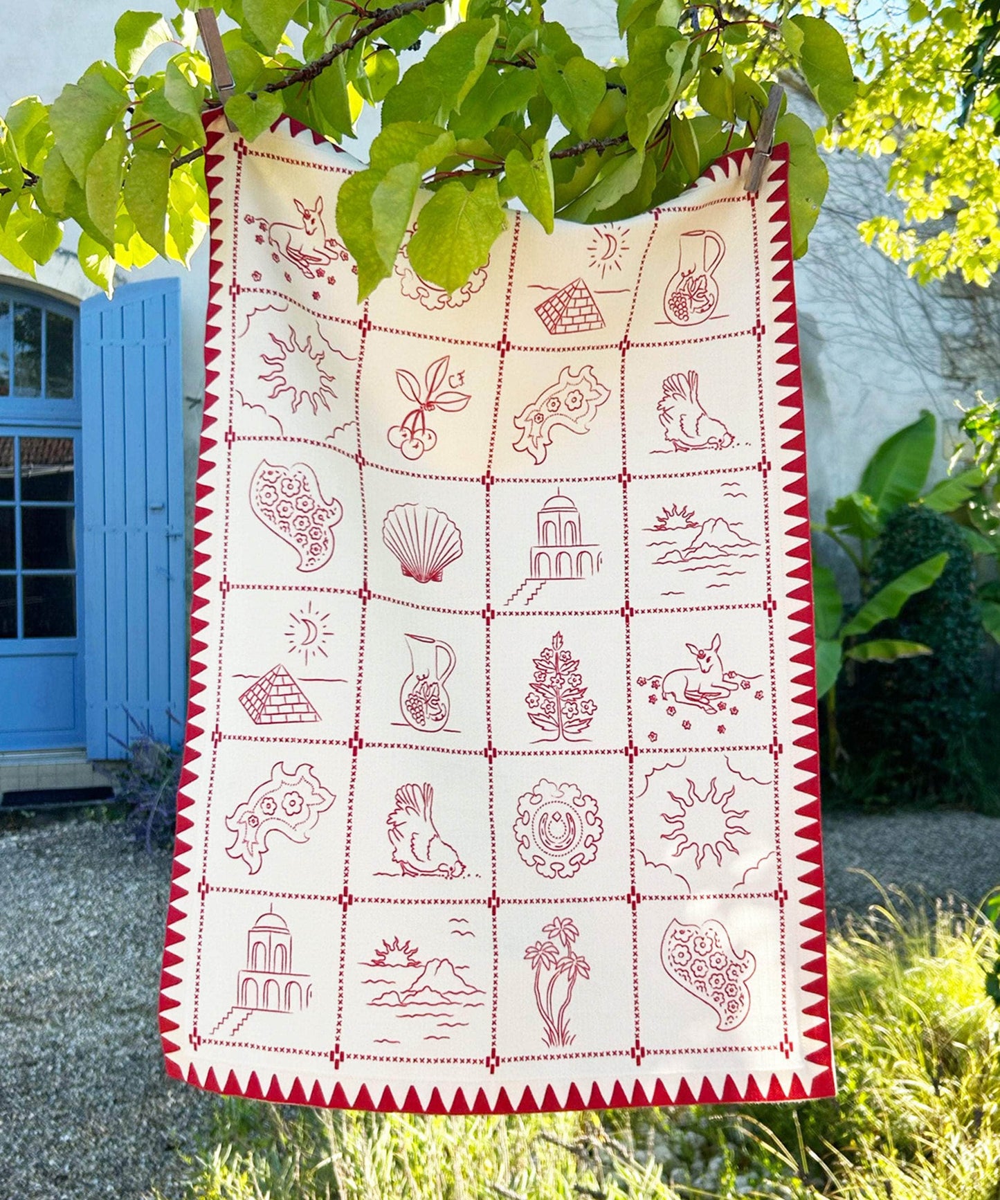 Redwork Tea Towel in Red