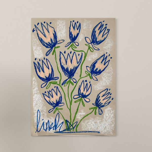 Pink + Blue Floral | Original Painting A3