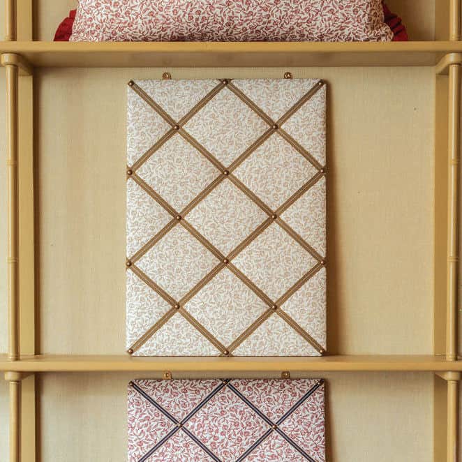 Ribboned Bulletin Board in Volga's Pomegranate Print in Tawny Gold with Olive Trim