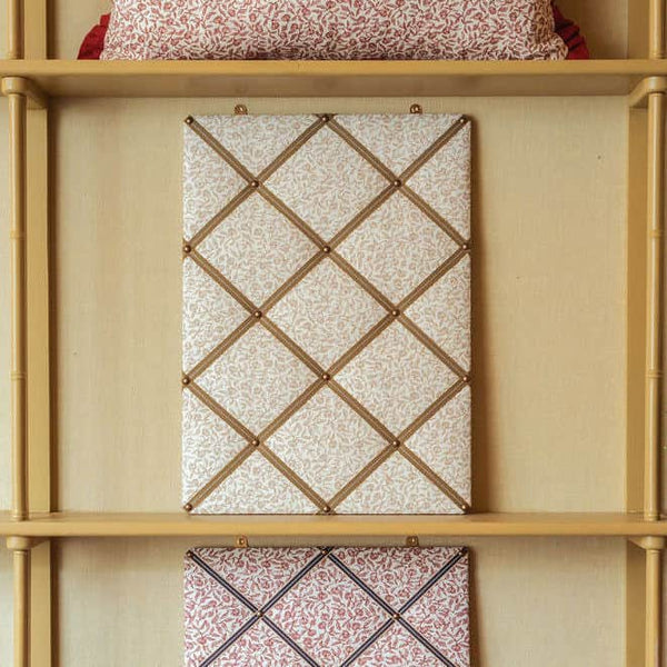 Ribboned Bulletin Board in Volga's Pomegranate Print in Tawny Gold with Olive Trim