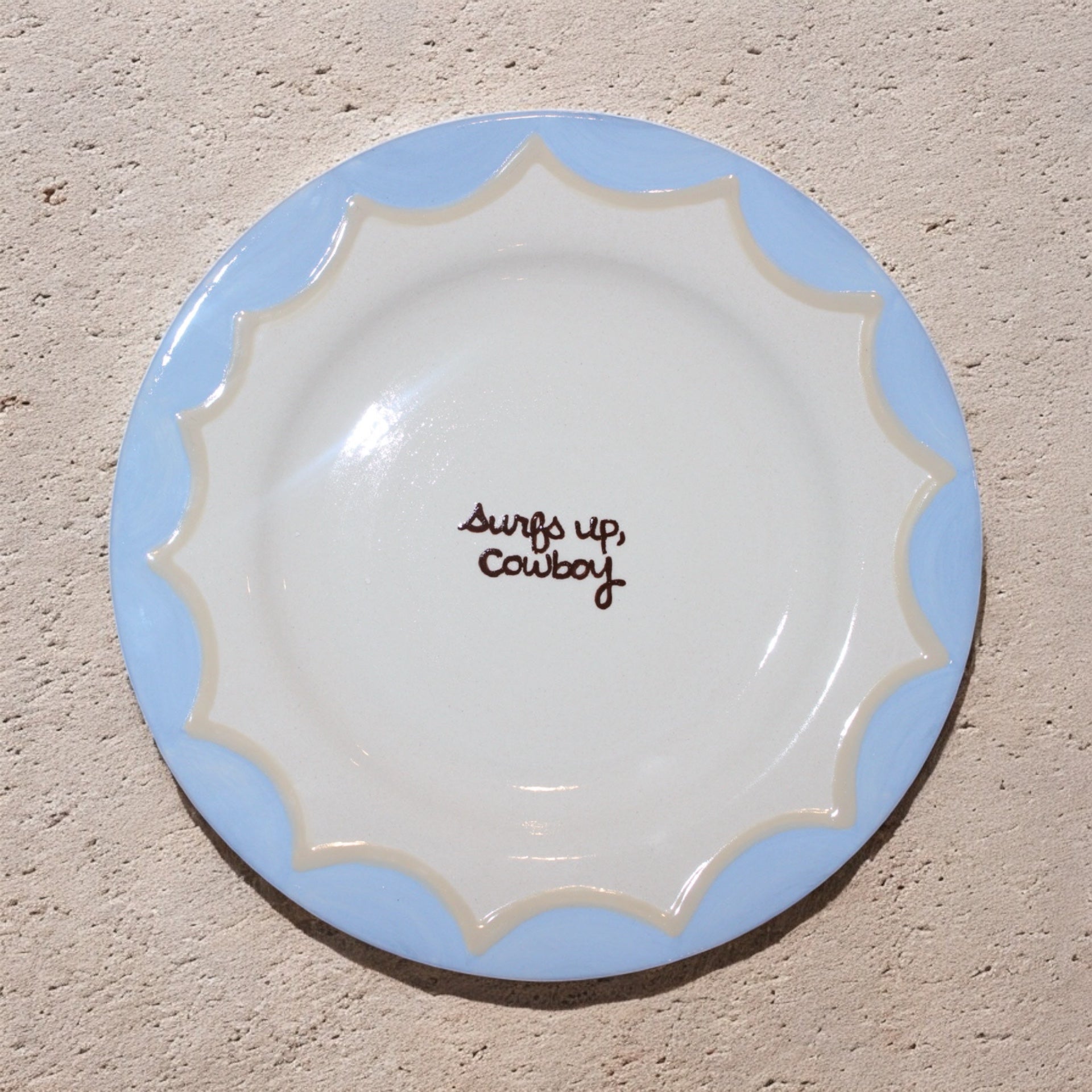 “Surfs up, cowboy” Hand-Painted Plates/Collection of Two