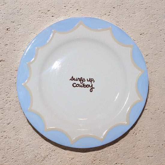 “Surfs up, cowboy” Hand-Painted Plates/Collection of Two
