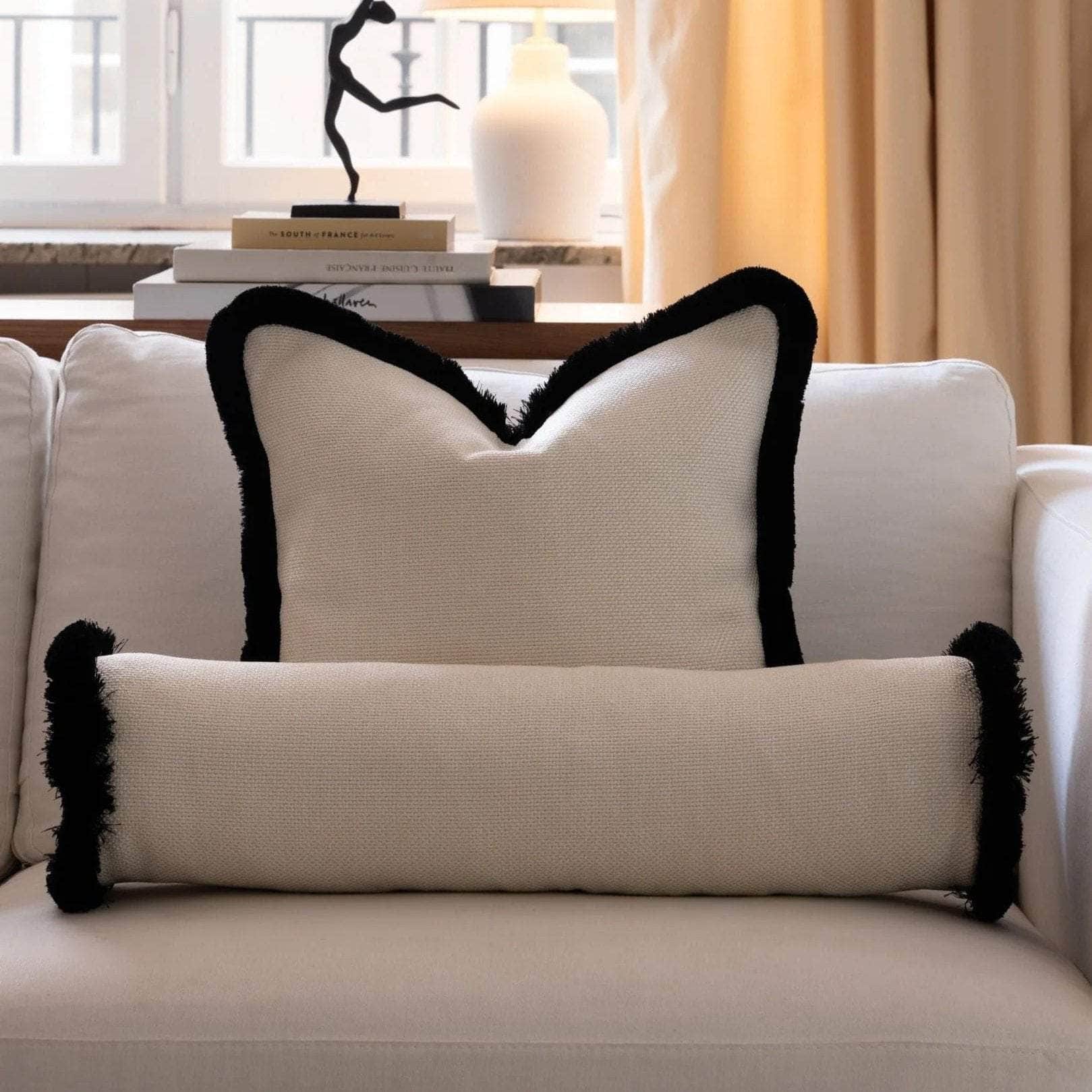 Pillow Cover - The Cigar Pillow Case - Ivory White with Black Fringe