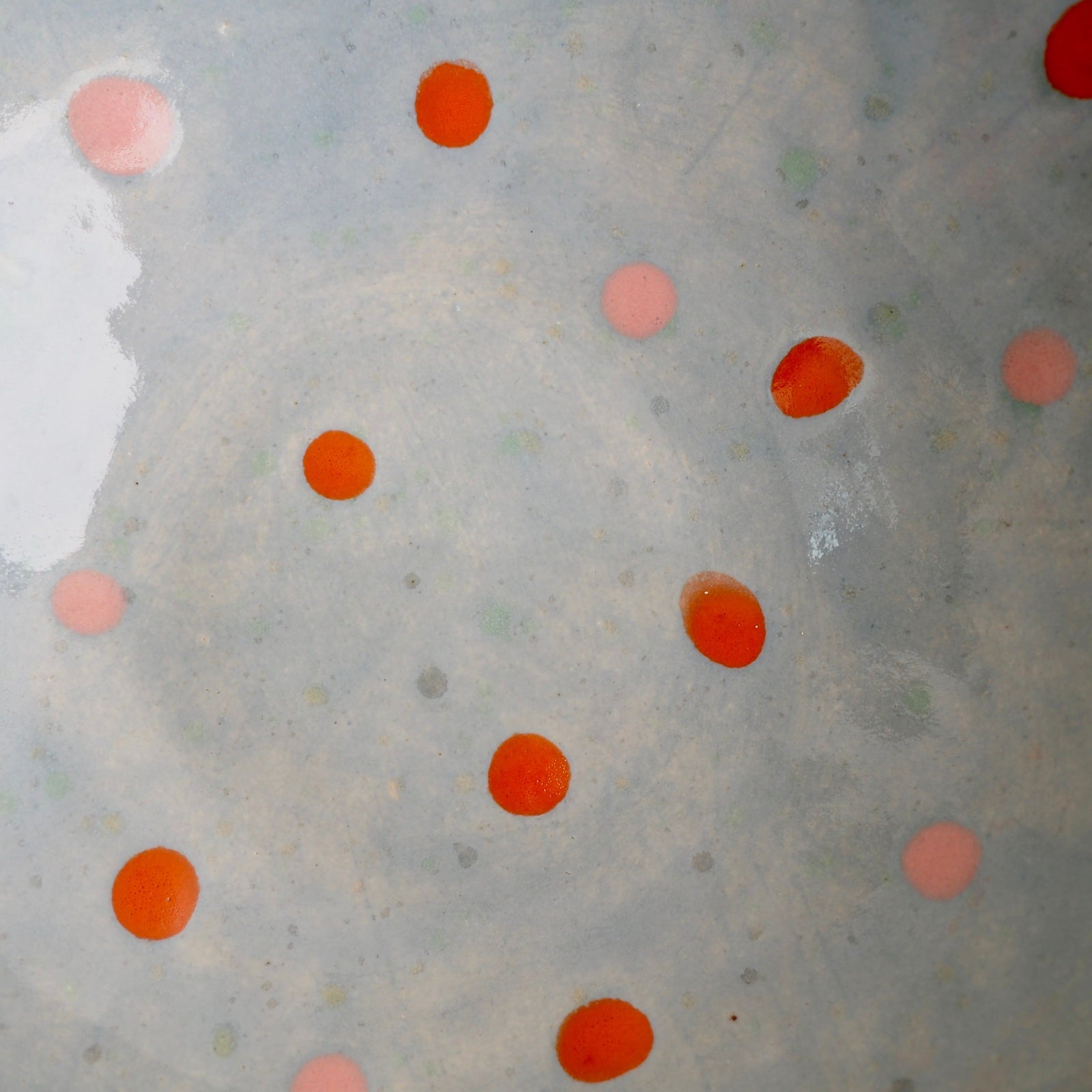 Handmade Blue & White Textural Ceramic Fruit Bowl with orange & pink polka dots