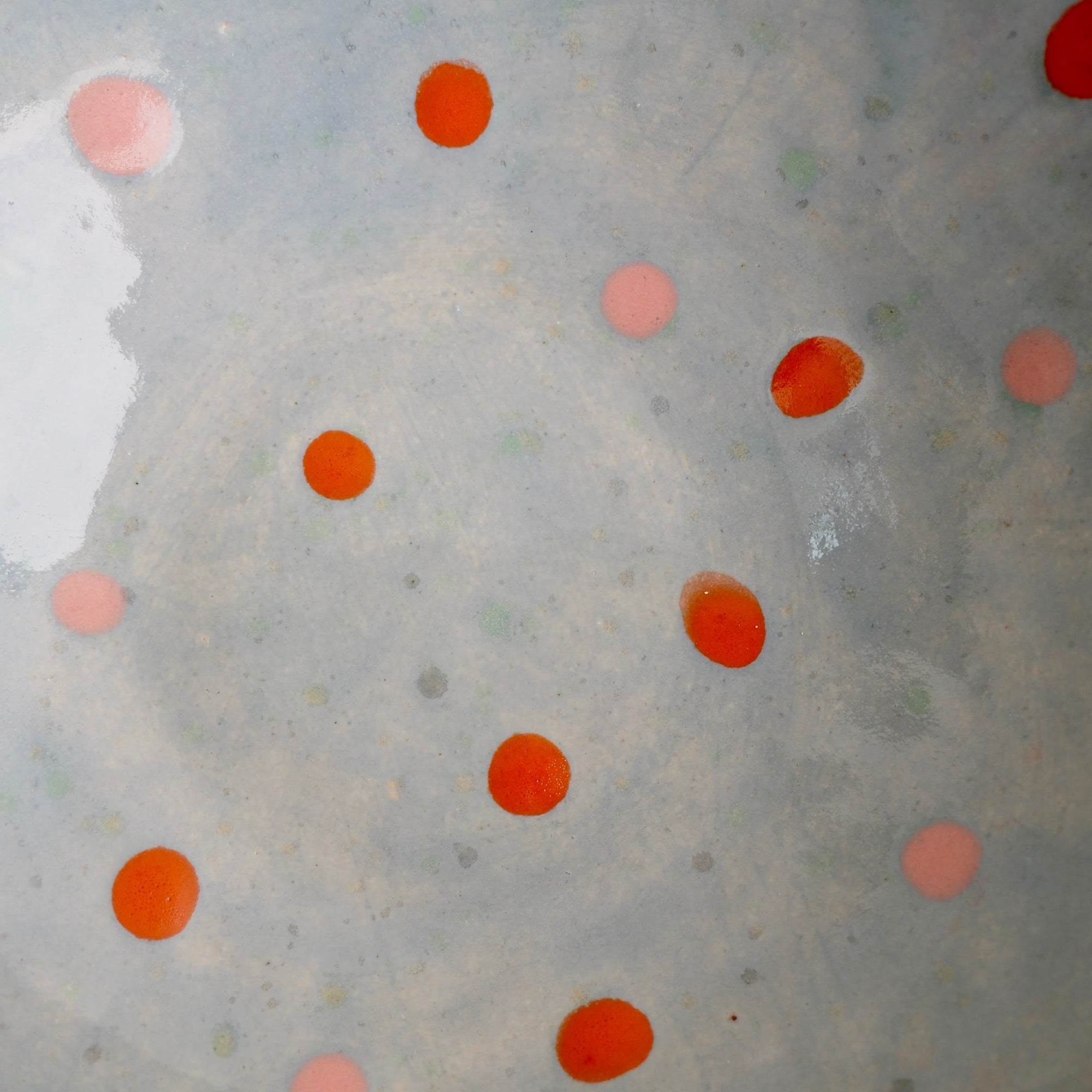 Handmade Blue & White Textural Ceramic Fruit Bowl with orange & pink polka dots