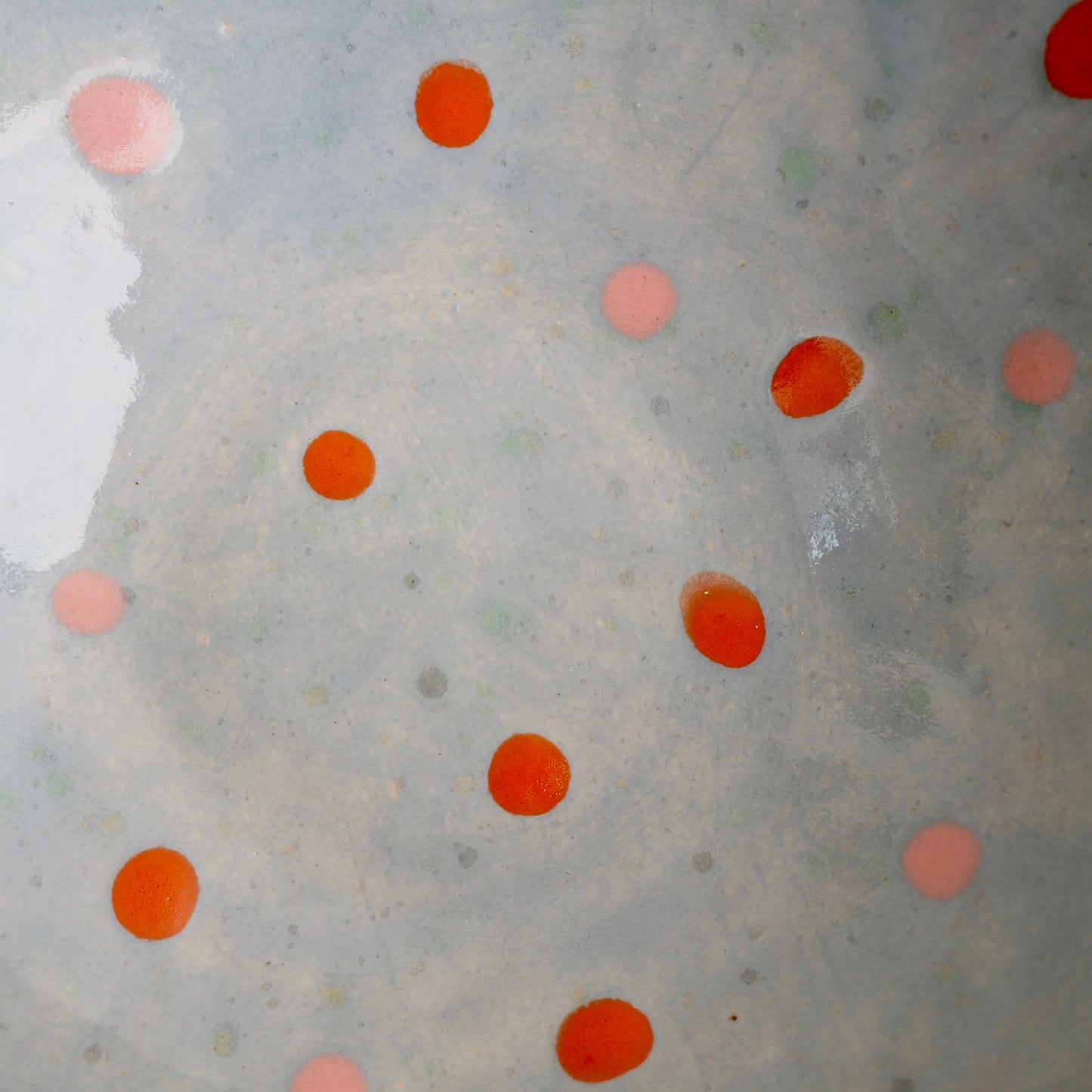Handmade Blue & White Textural Ceramic Fruit Bowl with orange & pink polka dots