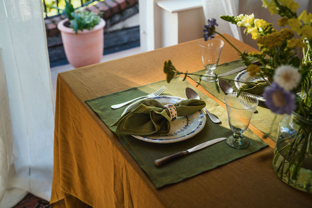 Set of 6 Personalised Fern Green Placemats with Ochre Hemstitch