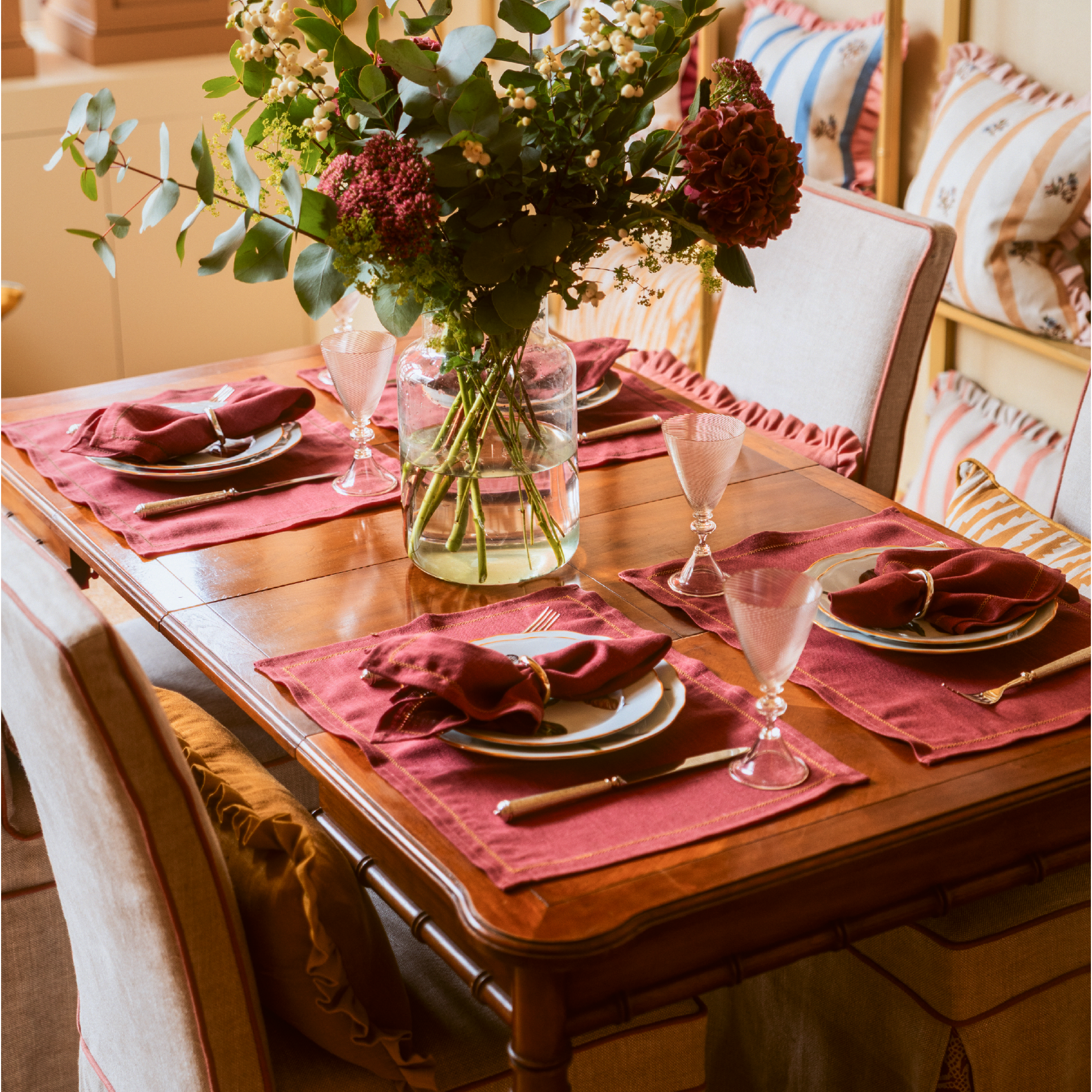 Set of Marsala Placemats with Ochre Hemstitch