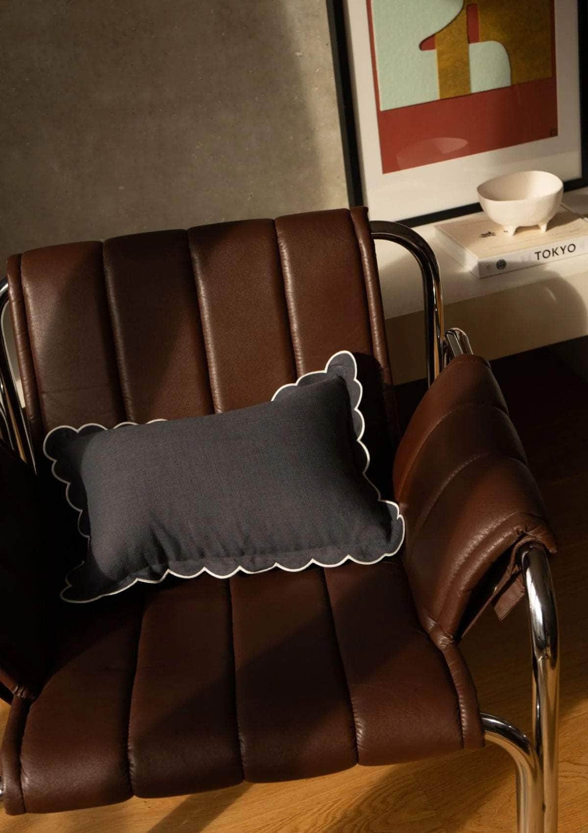 The Slate Blue & White Scalloped Linen Rectangular Cushion