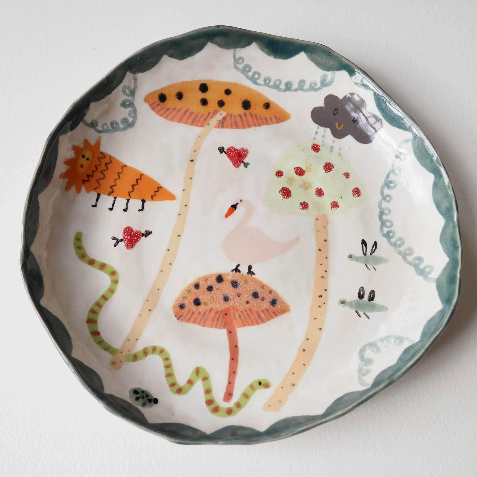 Handmade Illustrated Plate with Toadstools, Swan, Lion, Snake and Clouds